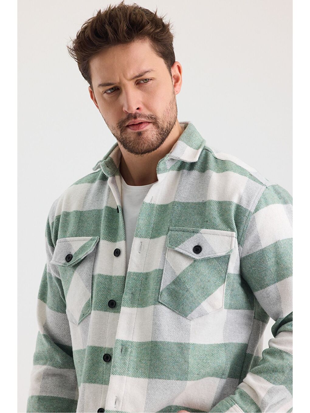 Tarz Cool Turkuaz Erkek Slim Fit Gömlek Yaka Düğmeli Çift Cep Kapaklı Oduncu Ekose Gömlek - 3