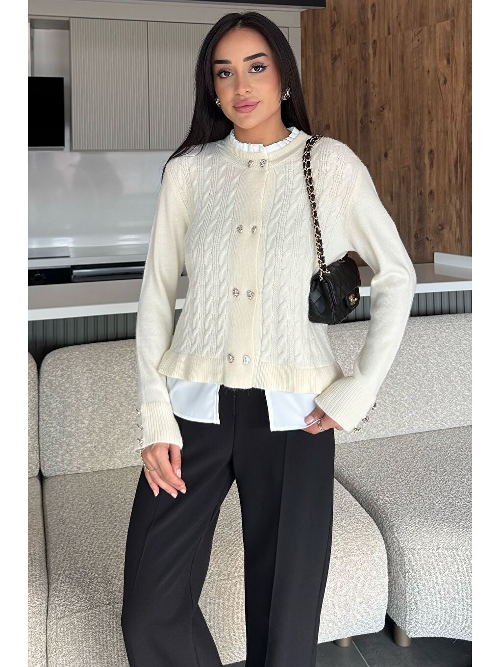 Ekru Kol Ve Ön Düğmeli Triko Ceket (s,m,l,xl Uyumludur)