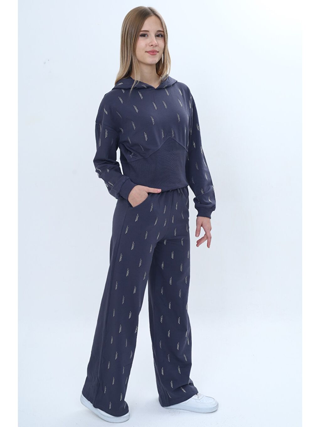 Antrasit Kız Çocuk 2'li Takım Taş İşlemeli Kapüşonlu Sweatshirt & Beli Lastikli Bol Paça Cepli Eşofman Altı-2