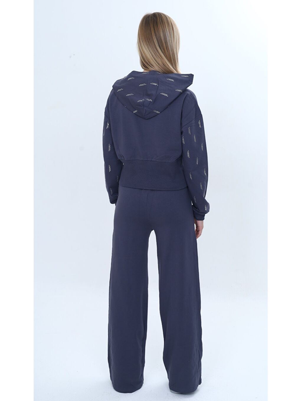 Antrasit Kız Çocuk 2'li Takım Taş İşlemeli Kapüşonlu Sweatshirt & Beli Lastikli Bol Paça Cepli Eşofman Altı-3