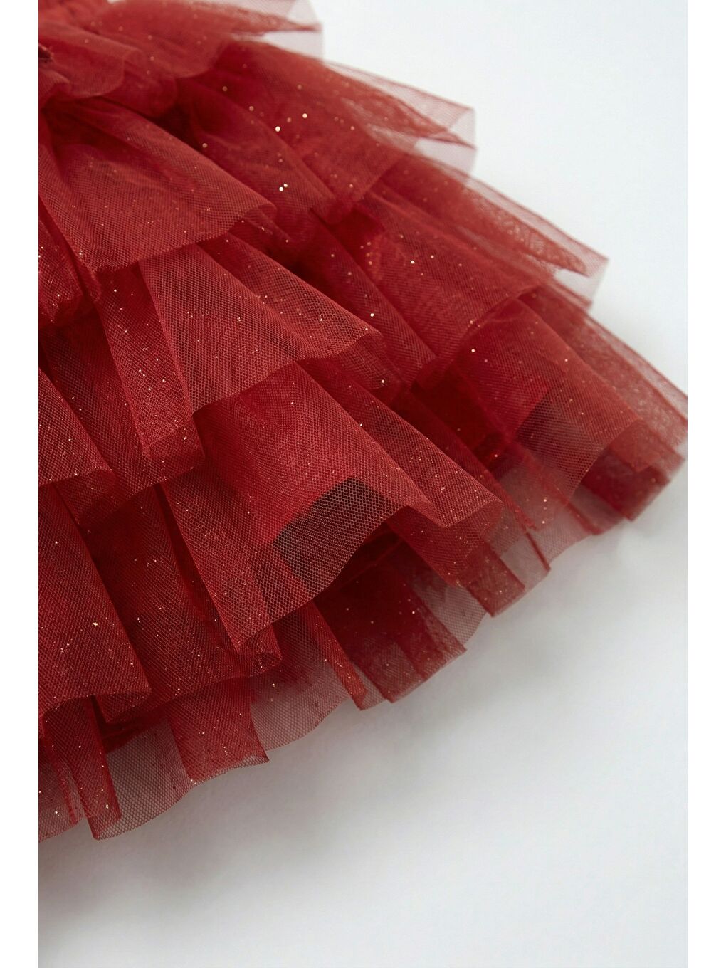 Kız Çocuk Pamuklu Kırmızı Fiyonklu Simli Kat Kat Tül Etek-2