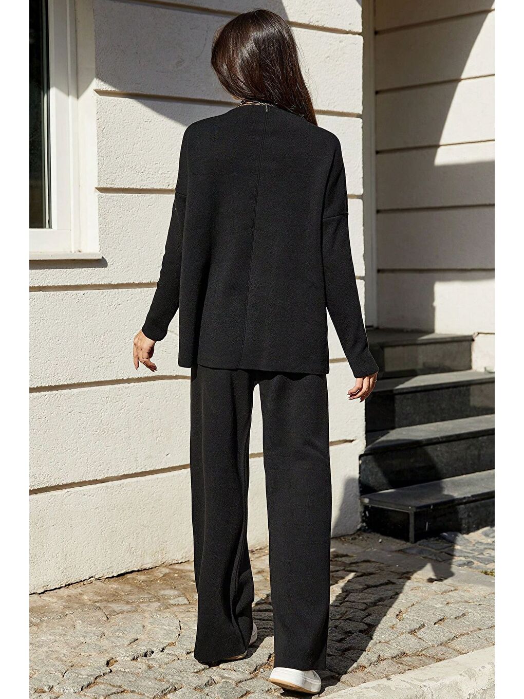 Siyah Kadın Dik Yaka Düz Renk Triko Kazak Pantolon İkili Takım-1