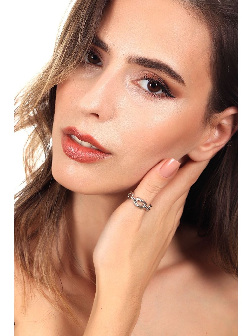 Gri Kadın Gümüş Renk Lak Kaplama Zincir Formlu Ayarlanabilir Yüzük-4