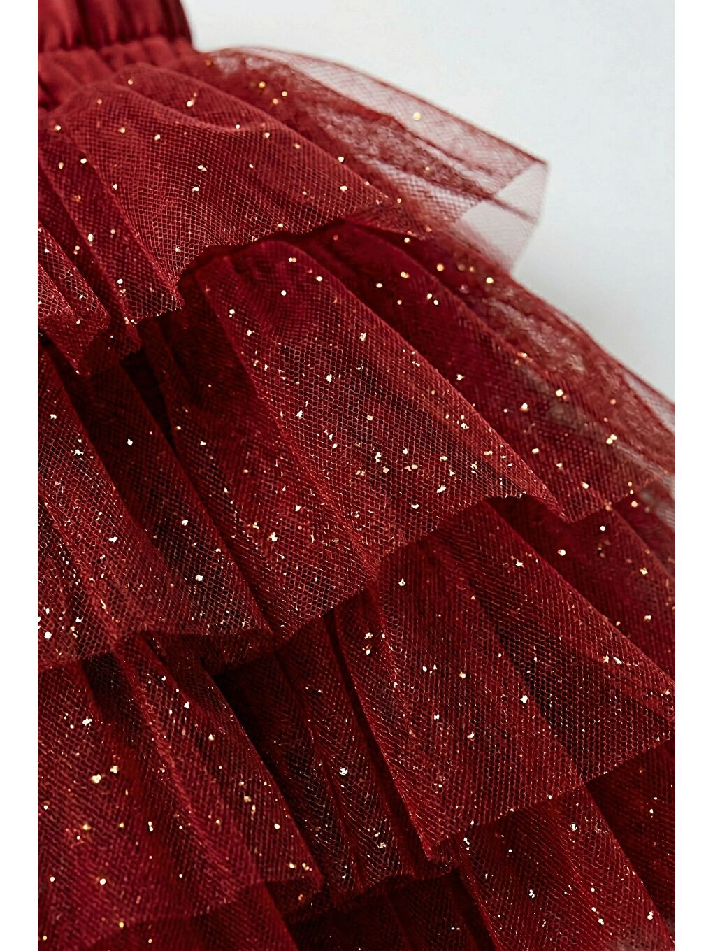 Kız Çocuk Pamuklu Kırmızı Fiyonklu Simli Kat Kat Tül Etek-3