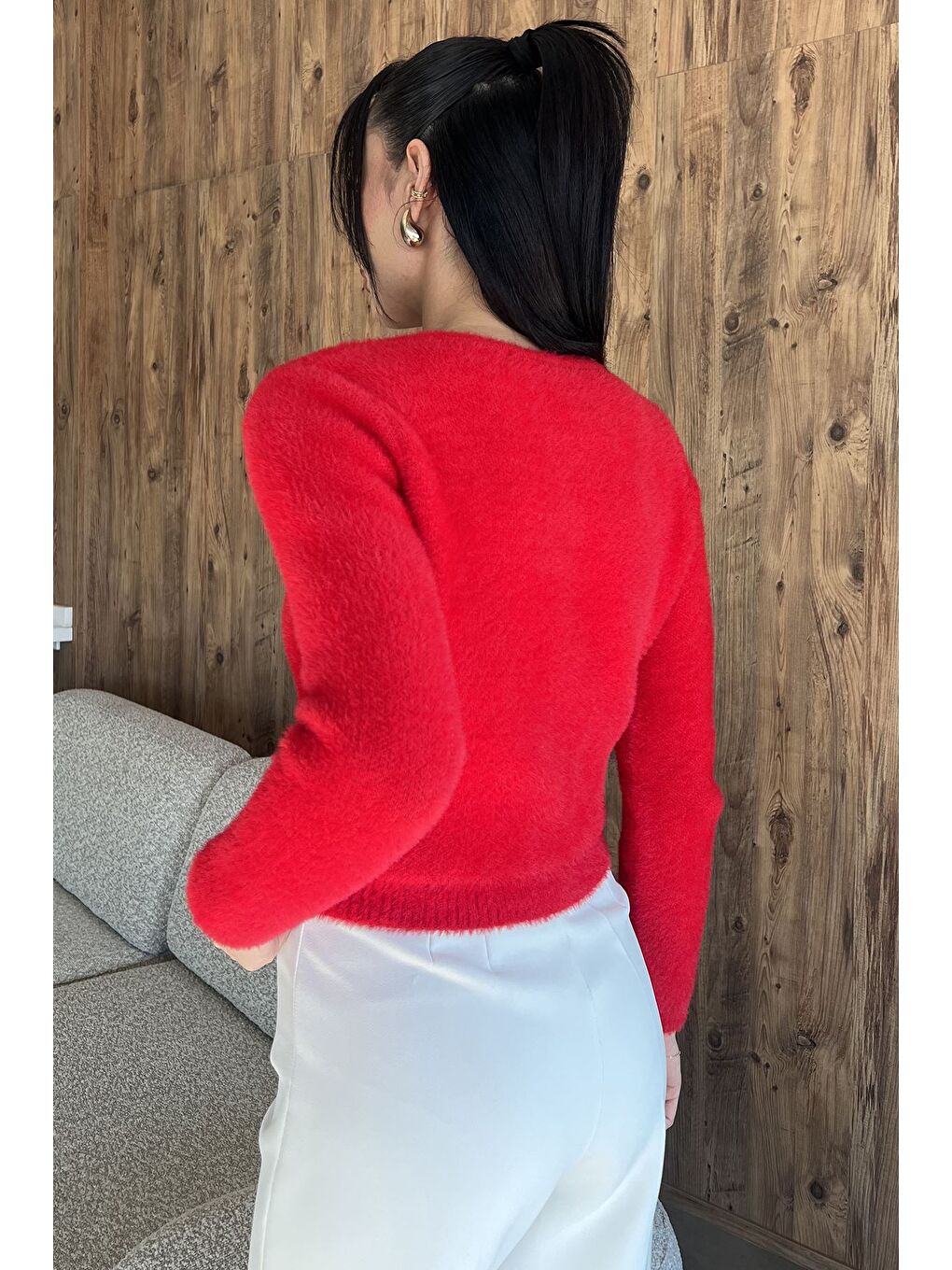 Kırmızı Şardonlu Kadın Crop Top Triko Hırka (s,m,l,xl Uyumludur)-3