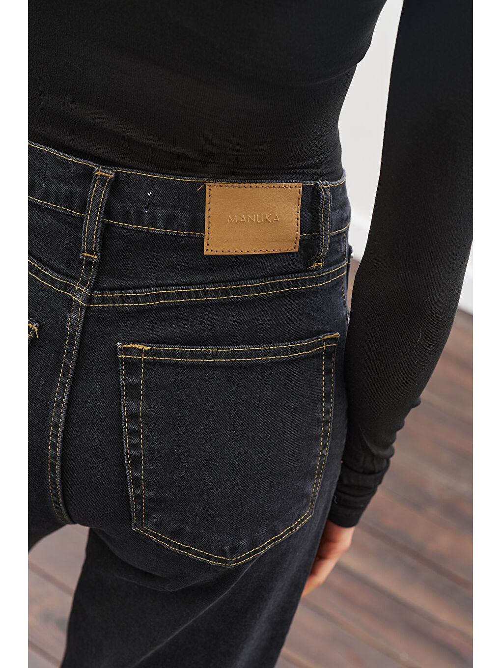 Uzun Hafif Geniş Paça Jean Pantolon Siyah-3