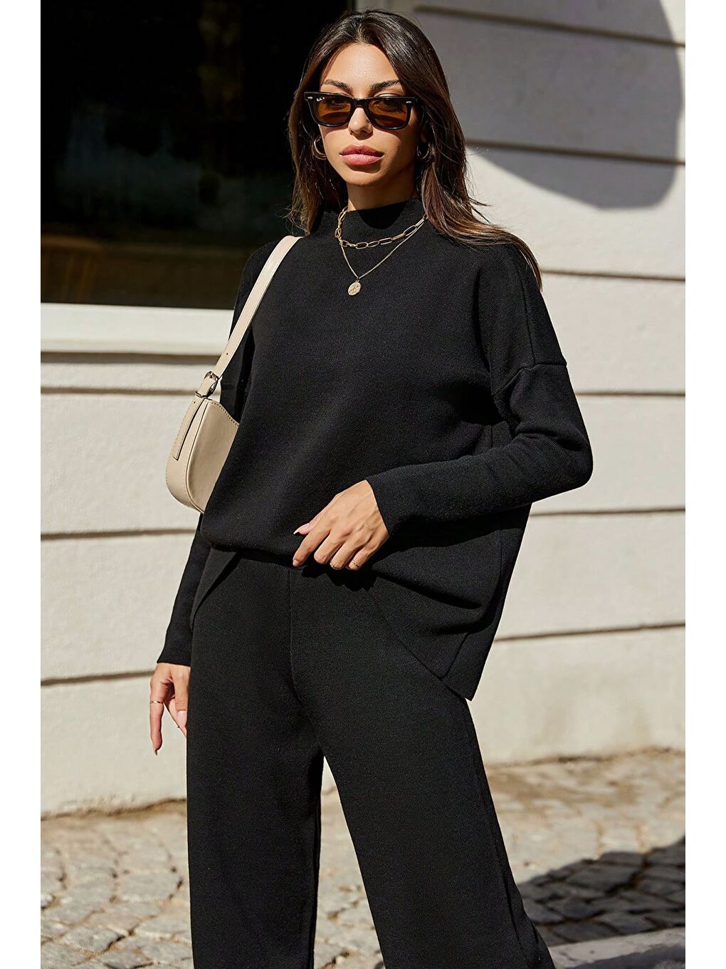 Siyah Kadın Dik Yaka Düz Renk Triko Kazak Pantolon İkili Takım-2