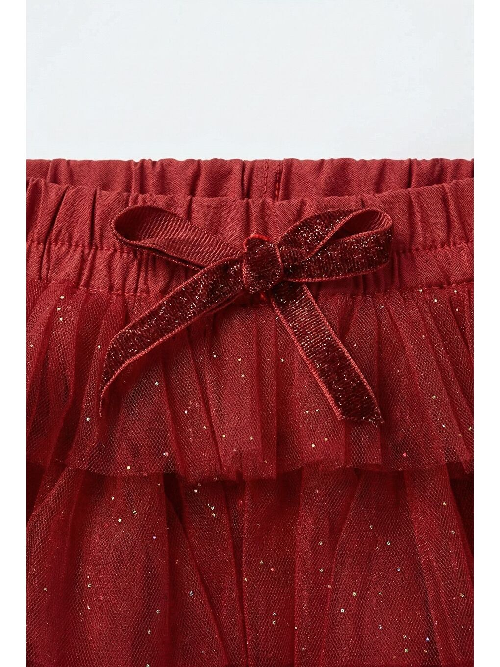 Kız Çocuk Pamuklu Kırmızı Fiyonklu Simli Kat Kat Tül Etek-4