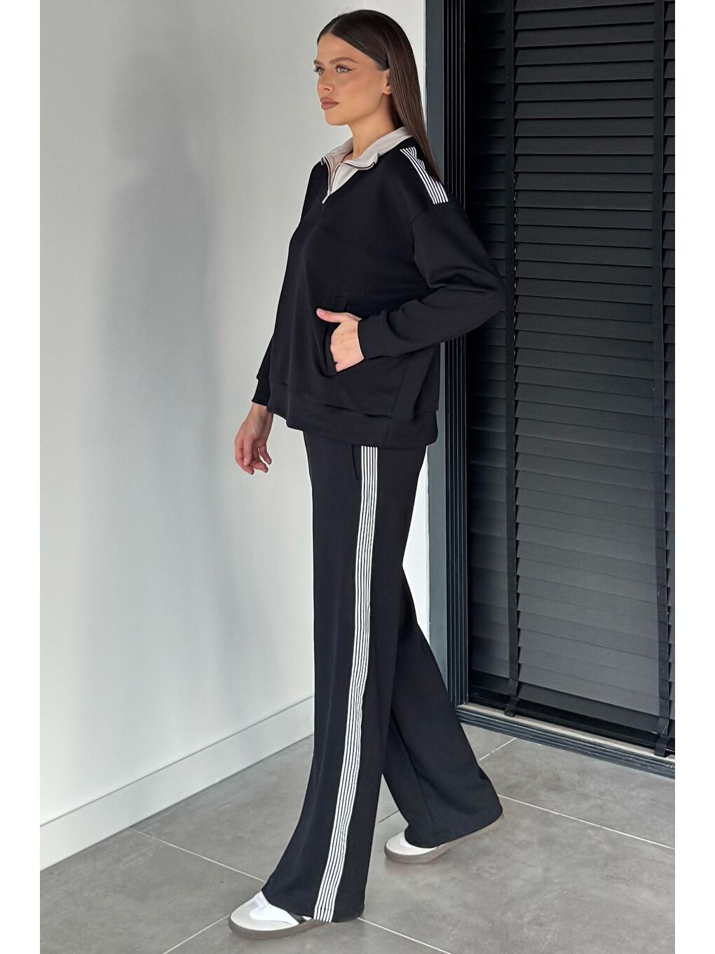 Siyah Kadın Dik Yaka Yarım Fermuarlı Sweat Bel Lastikli Palazzo Pantolon İkili Takım-1