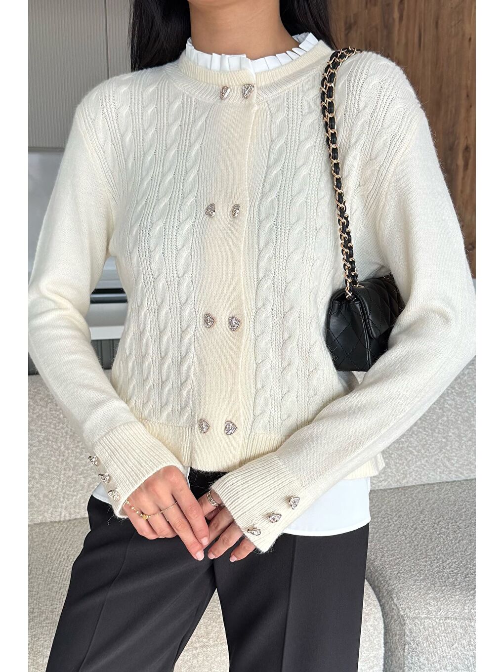Ekru Kol Ve Ön Düğmeli Triko Ceket (s,m,l,xl Uyumludur)-1