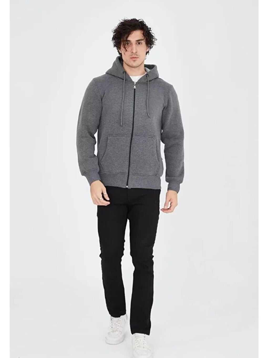 Gri Unisex Tam Fermuarlı Kapşonlu  Sweatshirt - Füme