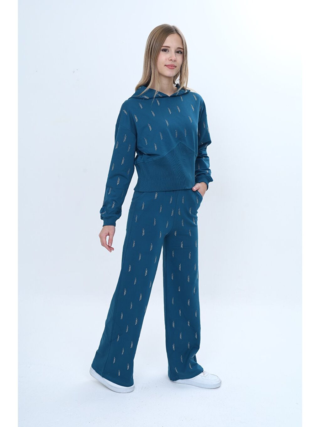 Petrol Kız Çocuk 2'li Takım Taş İşlemeli Kapüşonlu Sweatshirt & Beli Lastikli Bol Paça Cepli Eşofman Altı-1