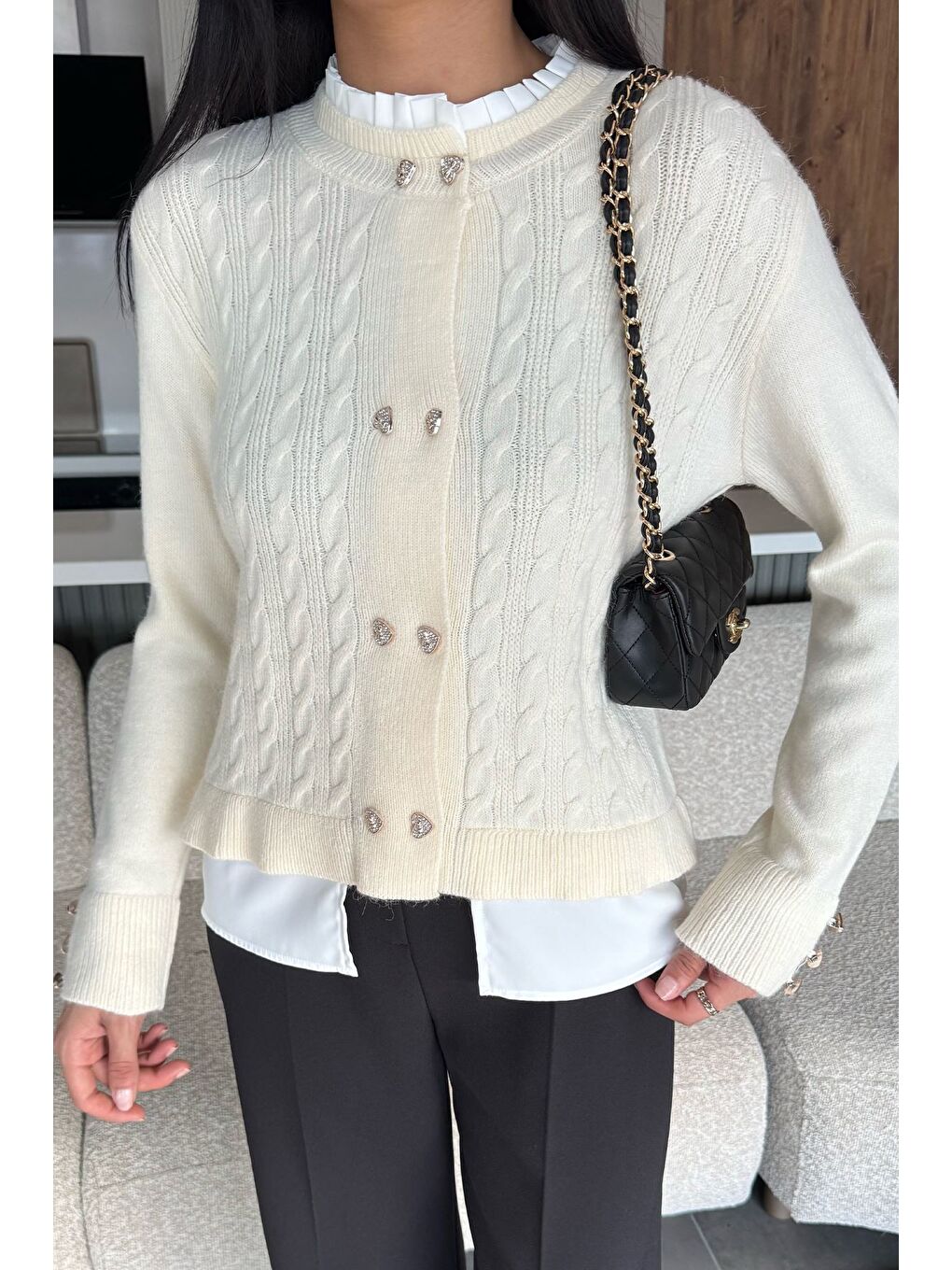 Ekru Kol Ve Ön Düğmeli Triko Ceket (s,m,l,xl Uyumludur)-2