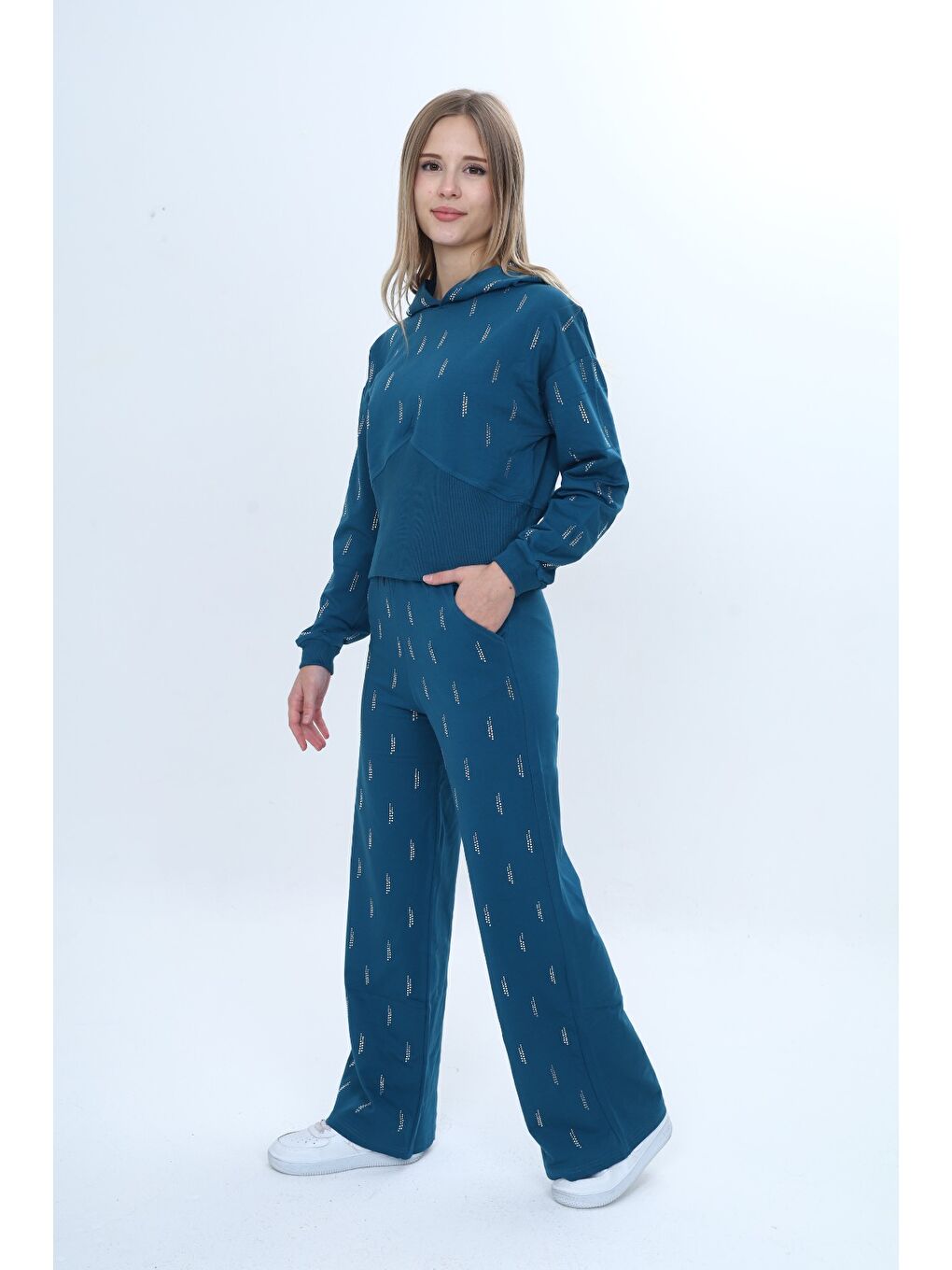 Petrol Kız Çocuk 2'li Takım Taş İşlemeli Kapüşonlu Sweatshirt & Beli Lastikli Bol Paça Cepli Eşofman Altı-2