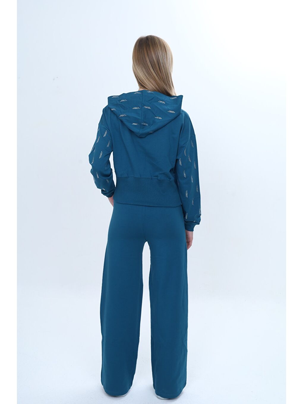 Petrol Kız Çocuk 2'li Takım Taş İşlemeli Kapüşonlu Sweatshirt & Beli Lastikli Bol Paça Cepli Eşofman Altı-3