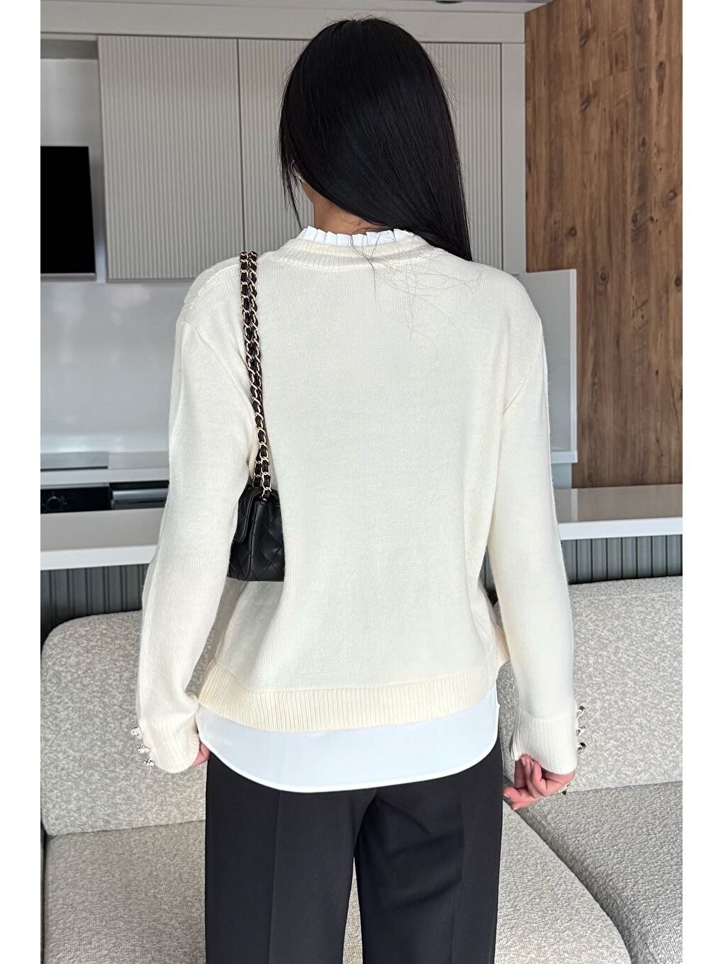 Ekru Kol Ve Ön Düğmeli Triko Ceket (s,m,l,xl Uyumludur)-3