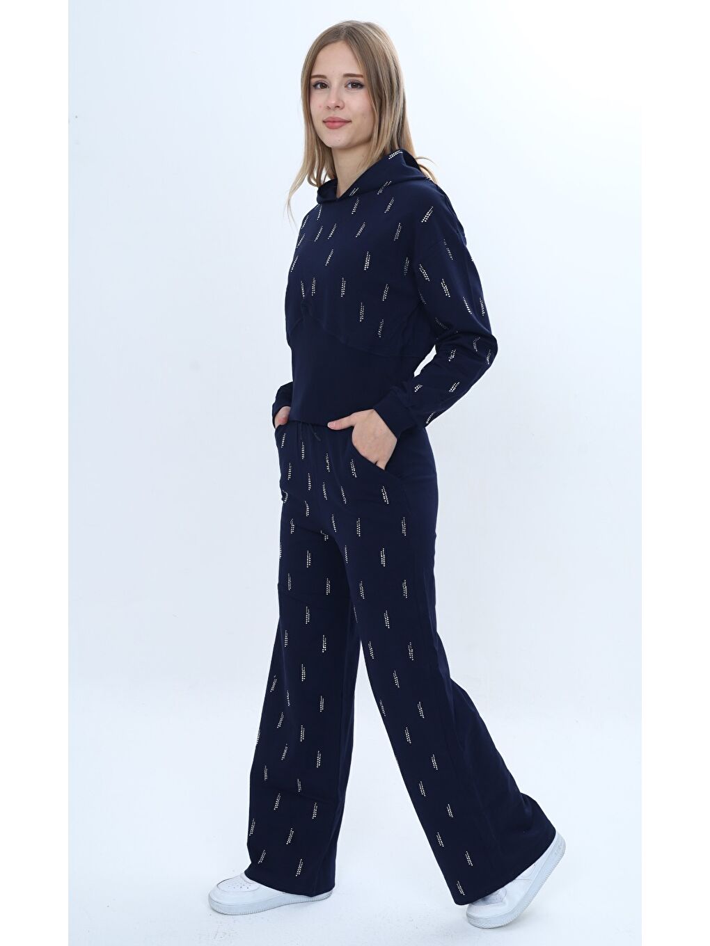 Lacivert Kız Çocuk 2'li Takım Taş İşlemeli Kapüşonlu Sweatshirt & Beli Lastikli Bol Paça Cepli Eşofman Altı-2