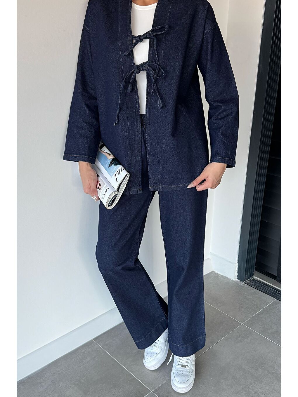 Lacivert Kadın Ön Bağlamalı Ceket Pantolon Jean Jean İkili Takım