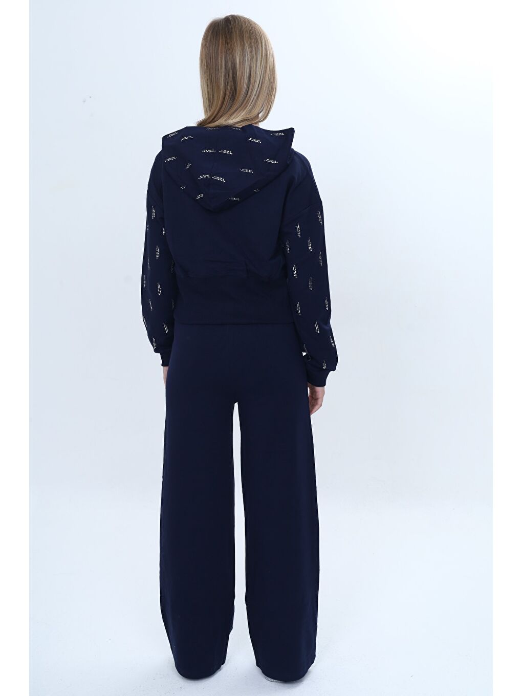 Lacivert Kız Çocuk 2'li Takım Taş İşlemeli Kapüşonlu Sweatshirt & Beli Lastikli Bol Paça Cepli Eşofman Altı-3