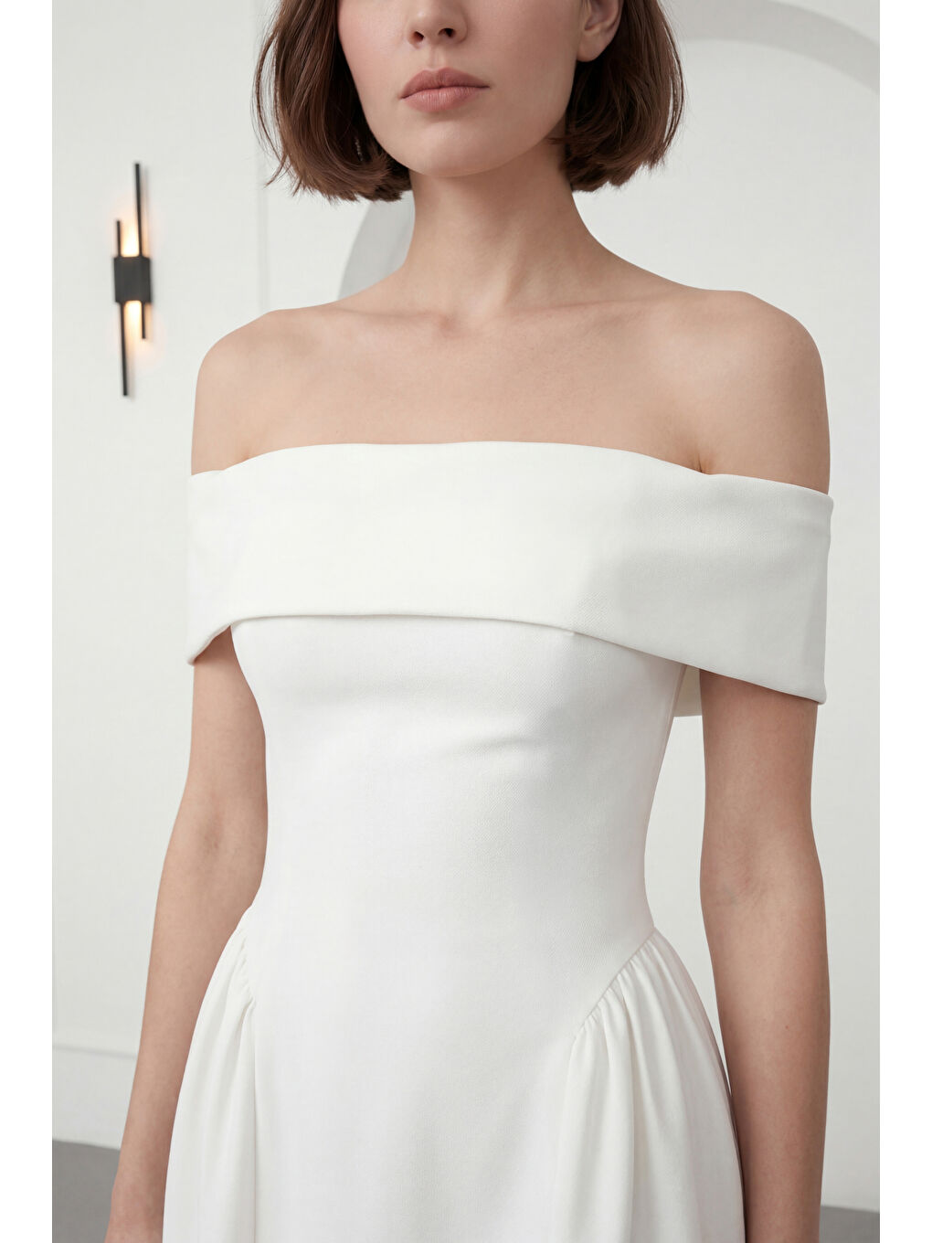 Kadın Beyaz Kayık Yaka Midi Davet Elbisesi-3