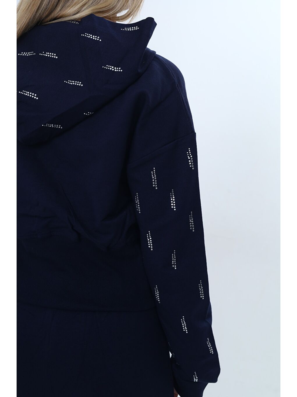 Lacivert Kız Çocuk 2'li Takım Taş İşlemeli Kapüşonlu Sweatshirt & Beli Lastikli Bol Paça Cepli Eşofman Altı-4