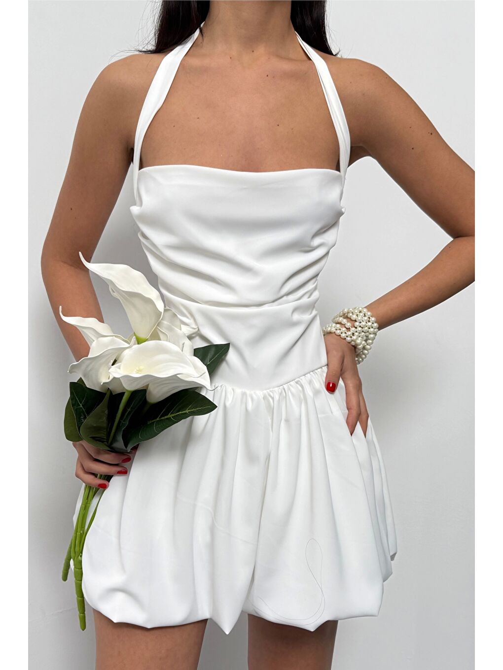 Kadın Beyaz Boyundan Bağlamalı Elbise 1026-221625-7