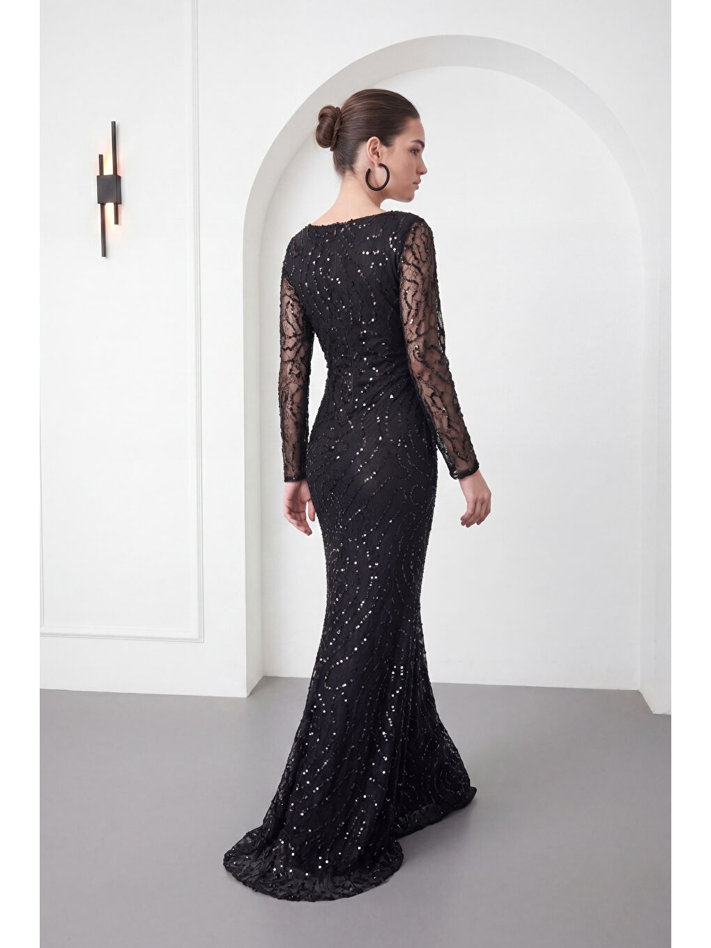 Kadın Siyah Uzun Kol Boncuklu Abiye Elbise-5