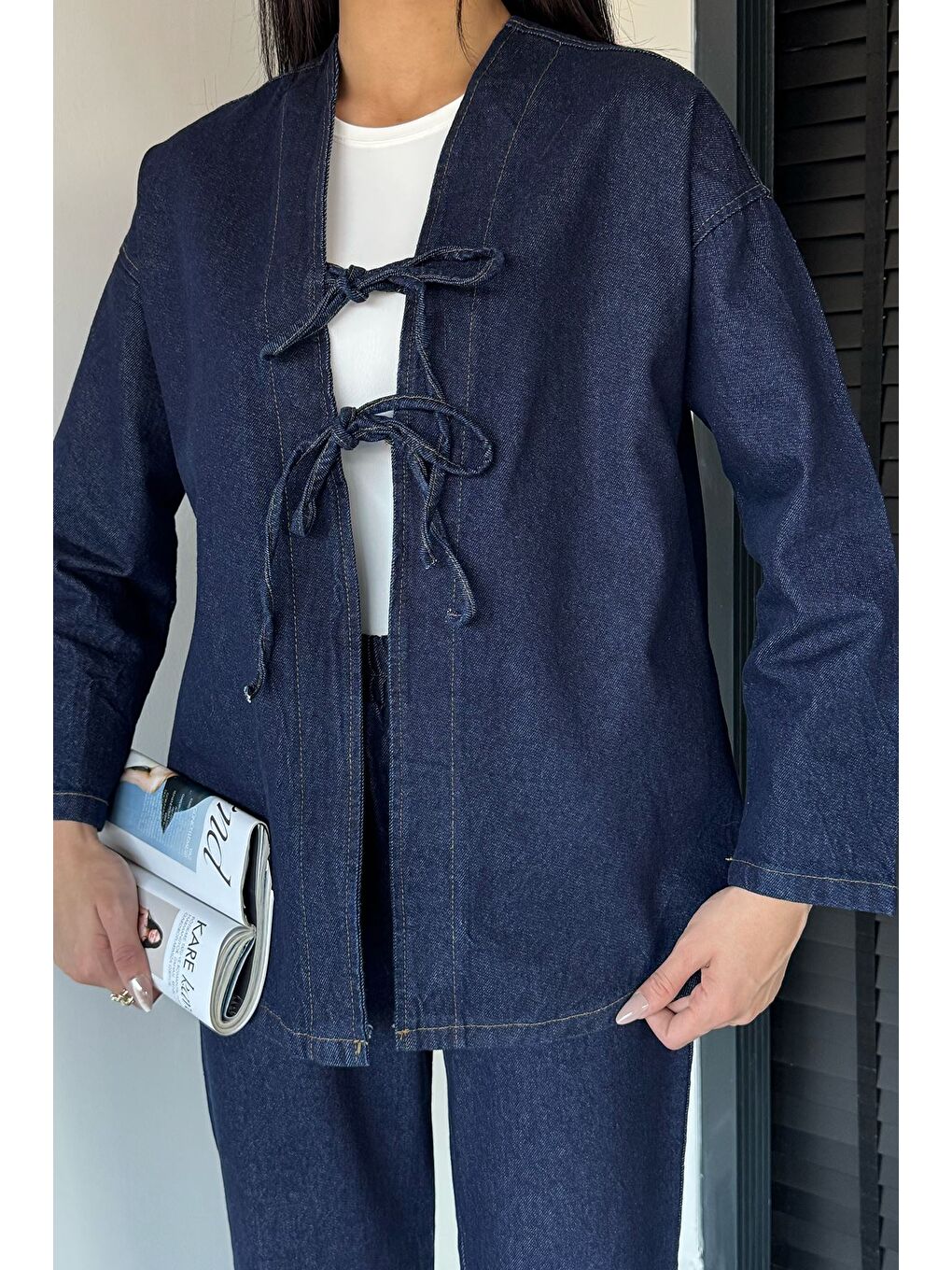 Lacivert Kadın Ön Bağlamalı Ceket Pantolon Jean Jean İkili Takım-1