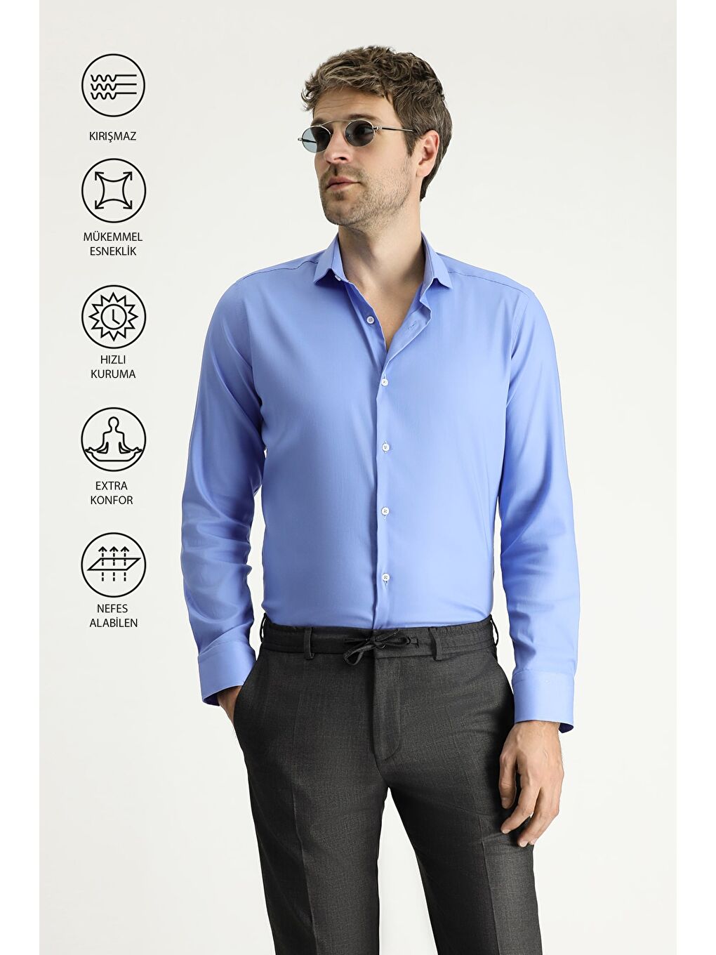 Mavi Techno-Line Uzun Kol Slim Fit Dar Kesim Klasik Gömlek