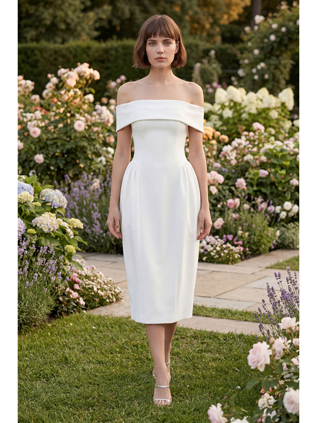 Kadın Beyaz Kayık Yaka Midi Davet Elbisesi-4