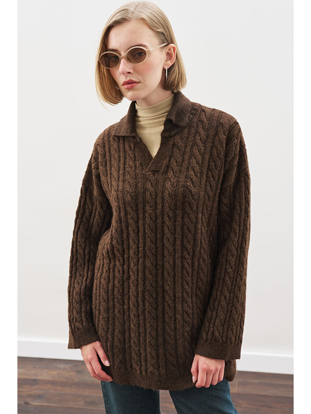 Yakalı Saç Örgü Kazak Kahverengi-1