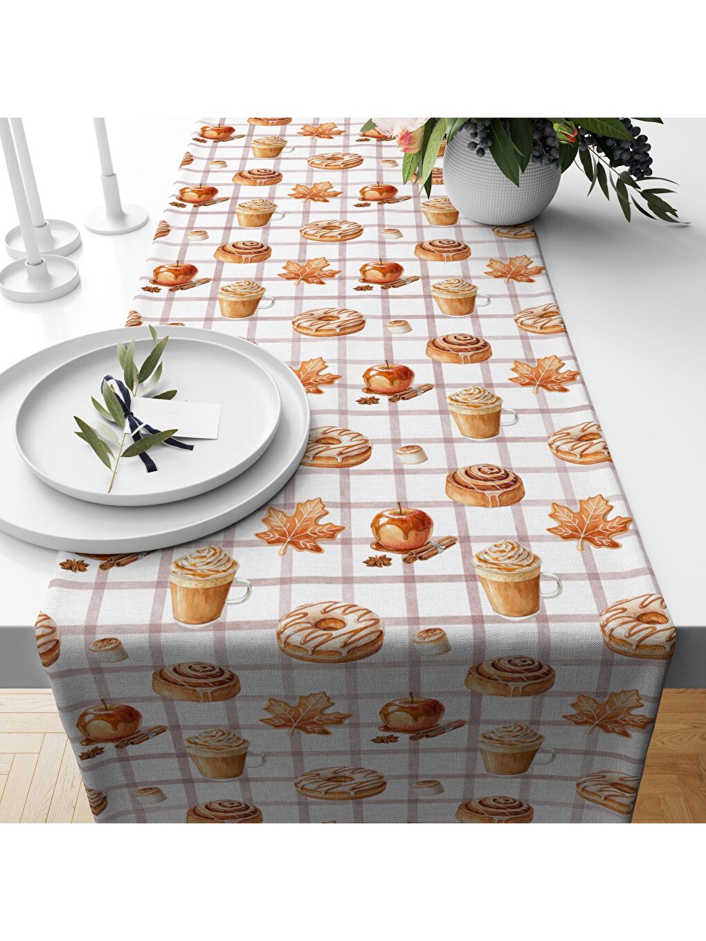 Karışık Sonbahar Desenli 40x140 cm Kadife Masa Örtüsü Runner-1