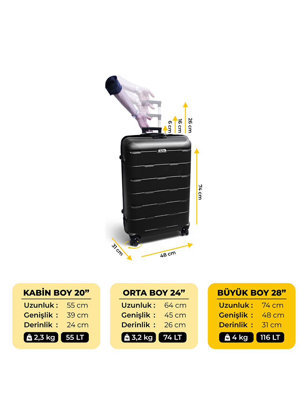 Moods Up TSA Kilitli 28" ABS Gövdeli Valiz | Büyük Boy-Siyah-3