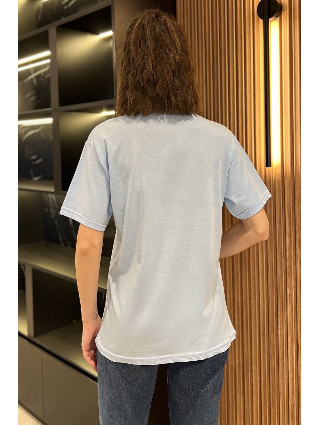 Mavi Yıldız Taşlı Bisiklet Yaka Kadın Tişört-2