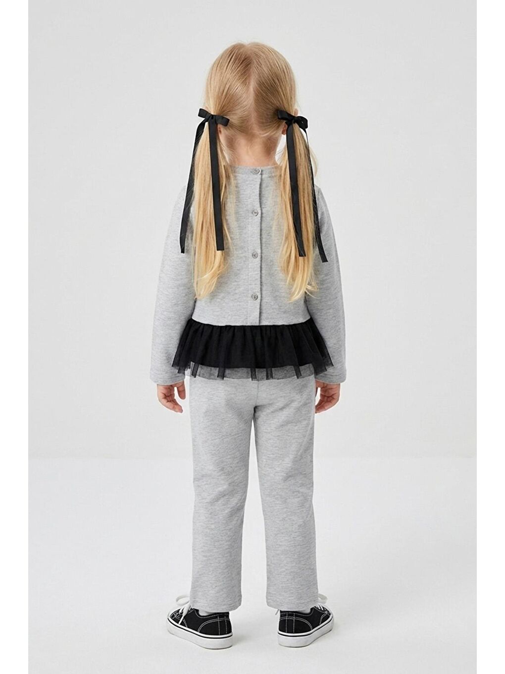 Kız Çocuk %100 Pamuklu Tül Detaylı Düğmeli Gri Alt Üst Takım-1