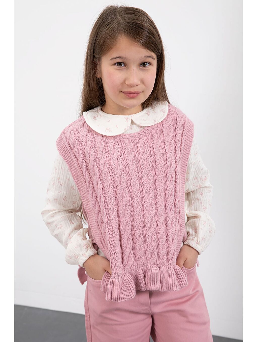 Pembe Örgü Süveterli Desenli Müslin Gömlekli Kız Çocuk 3lü Takım 20678-1