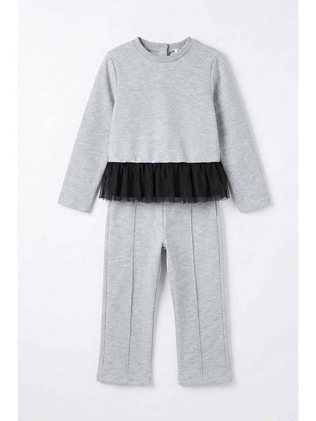 Kız Çocuk %100 Pamuklu Tül Detaylı Düğmeli Gri Alt Üst Takım-2