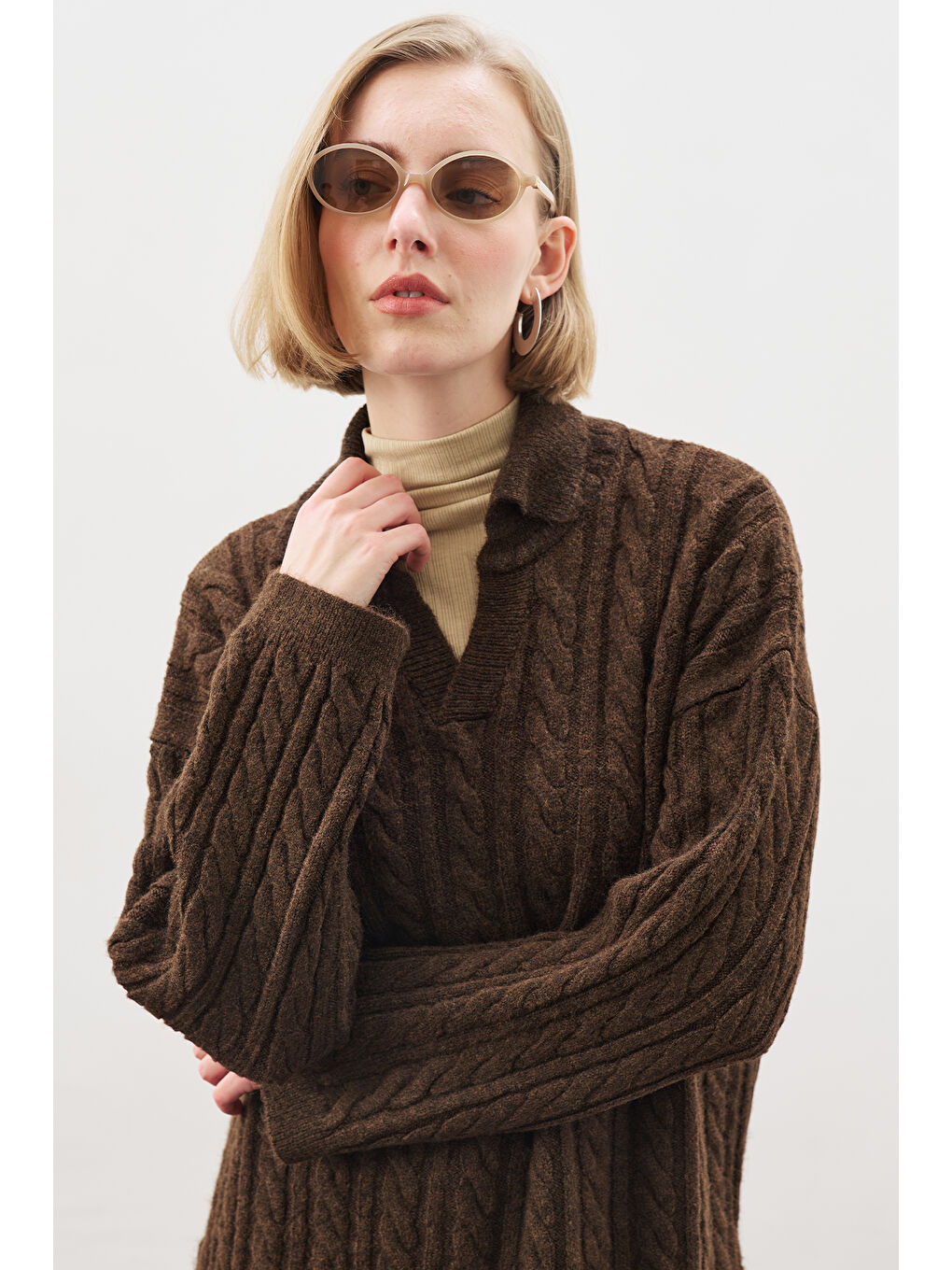 Yakalı Saç Örgü Kazak Kahverengi-2