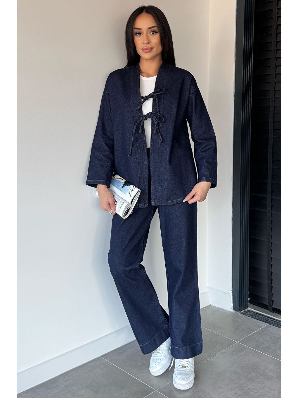 Lacivert Kadın Ön Bağlamalı Ceket Pantolon Jean Jean İkili Takım-2