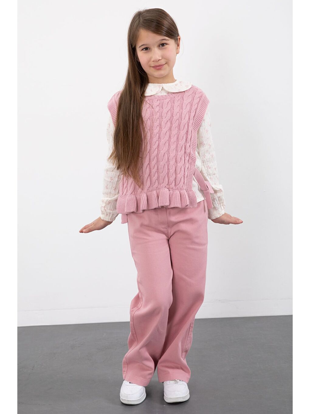 Pembe Örgü Süveterli Desenli Müslin Gömlekli Kız Çocuk 3lü Takım 20678-2