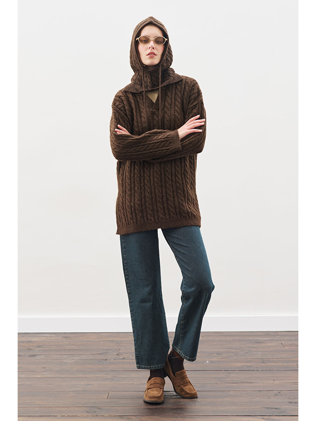 Yakalı Saç Örgü Kazak Kahverengi-3