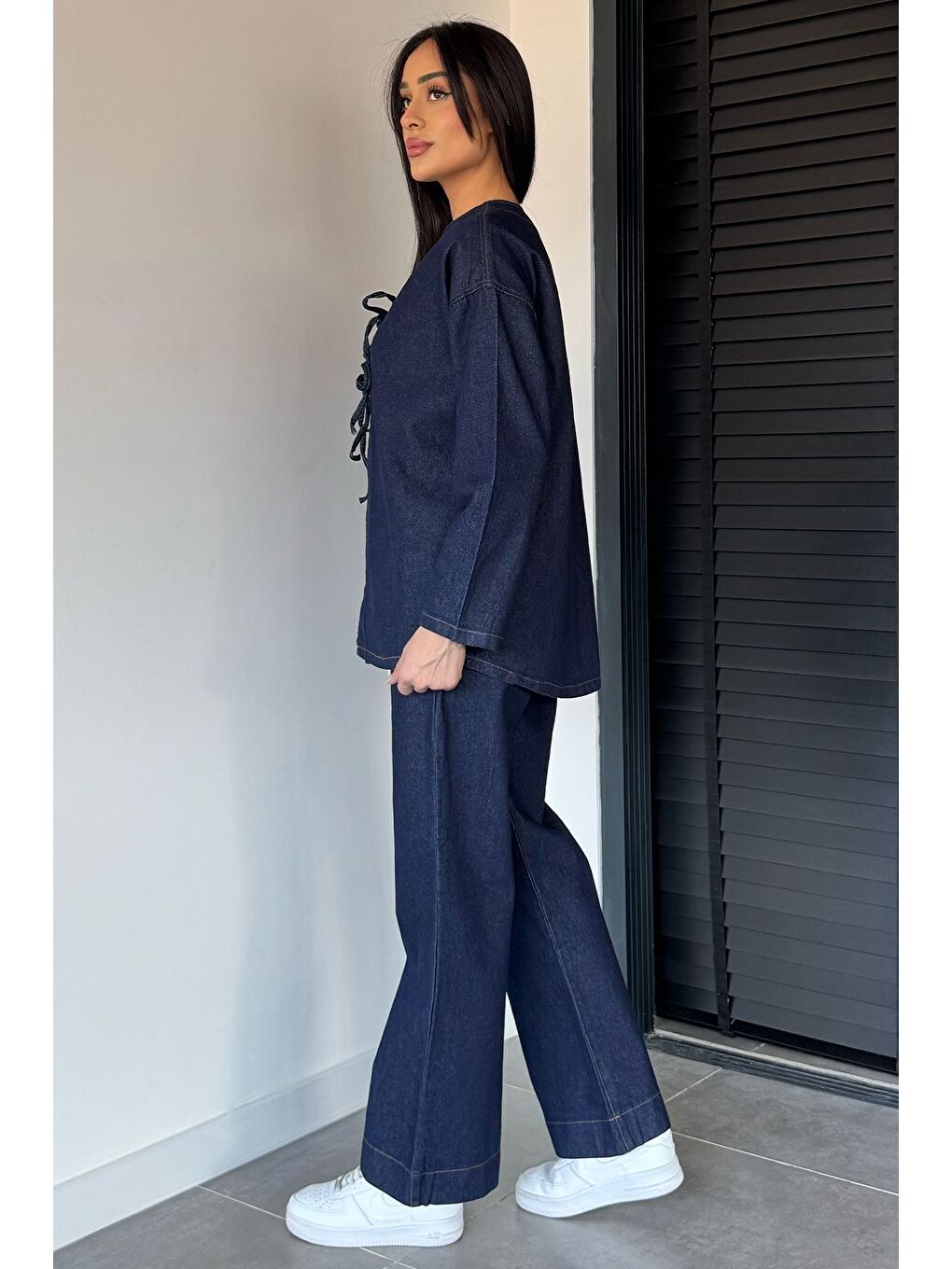 Lacivert Kadın Ön Bağlamalı Ceket Pantolon Jean Jean İkili Takım-3