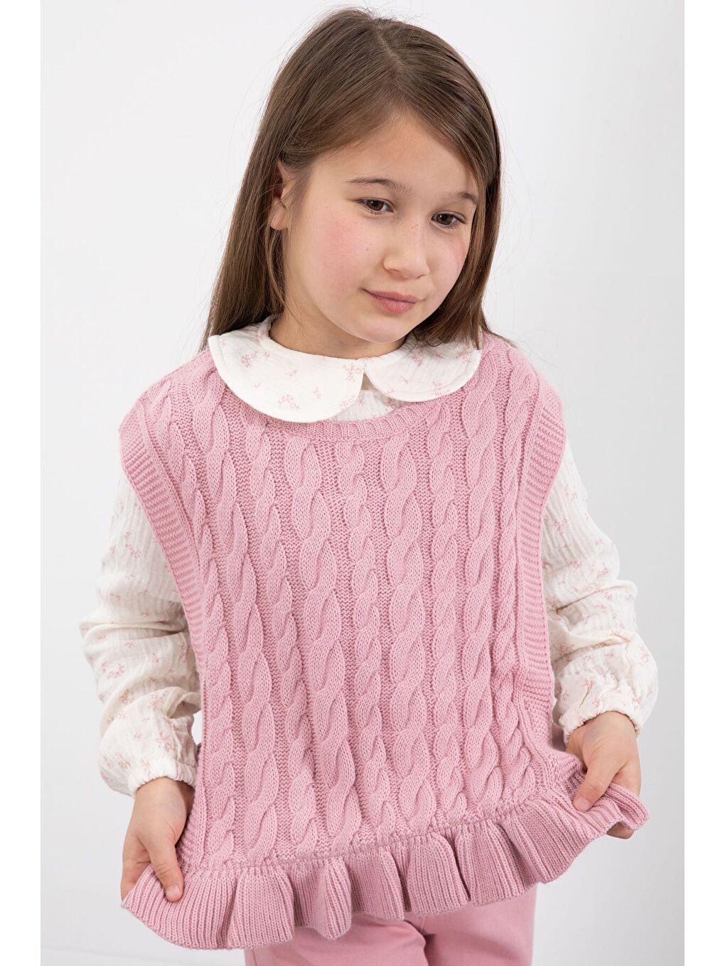 Pembe Örgü Süveterli Desenli Müslin Gömlekli Kız Çocuk 3lü Takım 20678-3