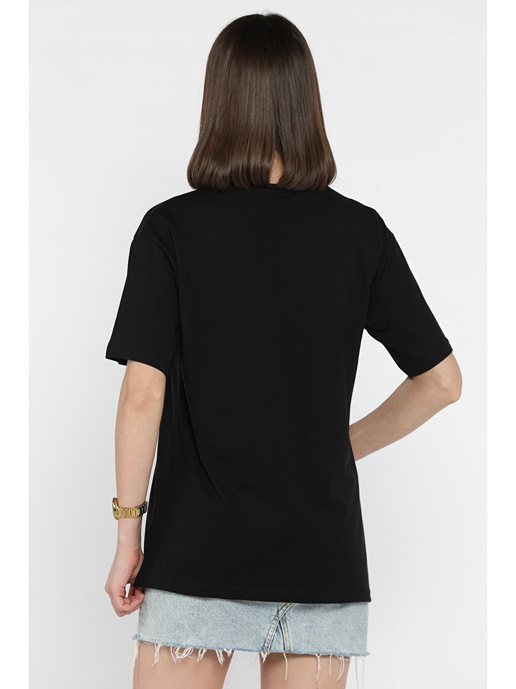 Siyah Fiyonk Taşlı Bisiklet Yaka Kadın Tişört-2