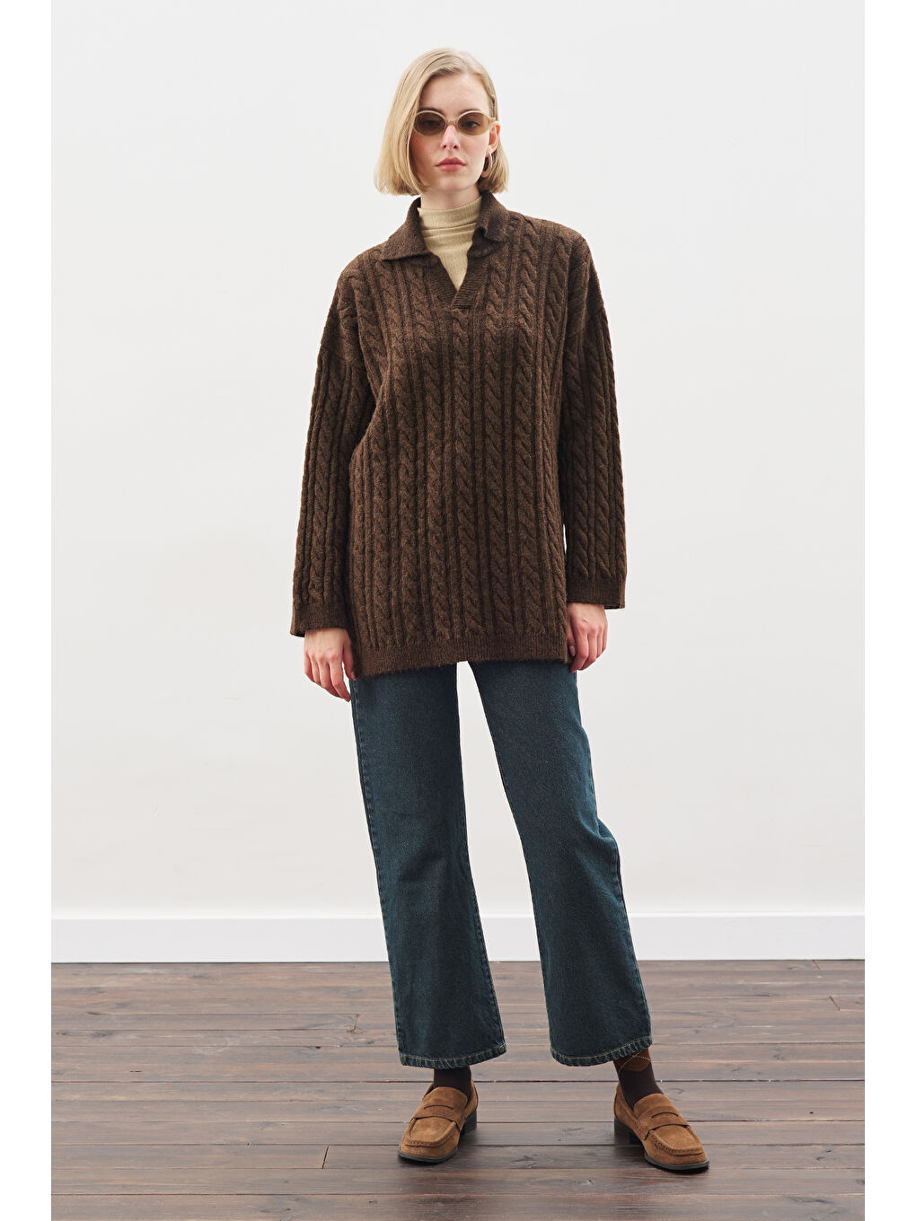 Yakalı Saç Örgü Kazak Kahverengi-4