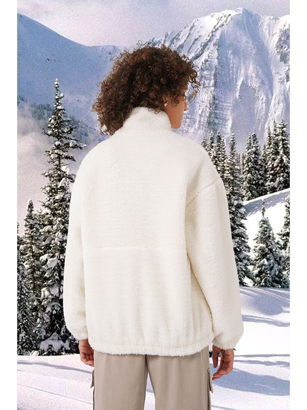 Bej 5194 Kadın Pelüş Mont Ceket   D Krem-2