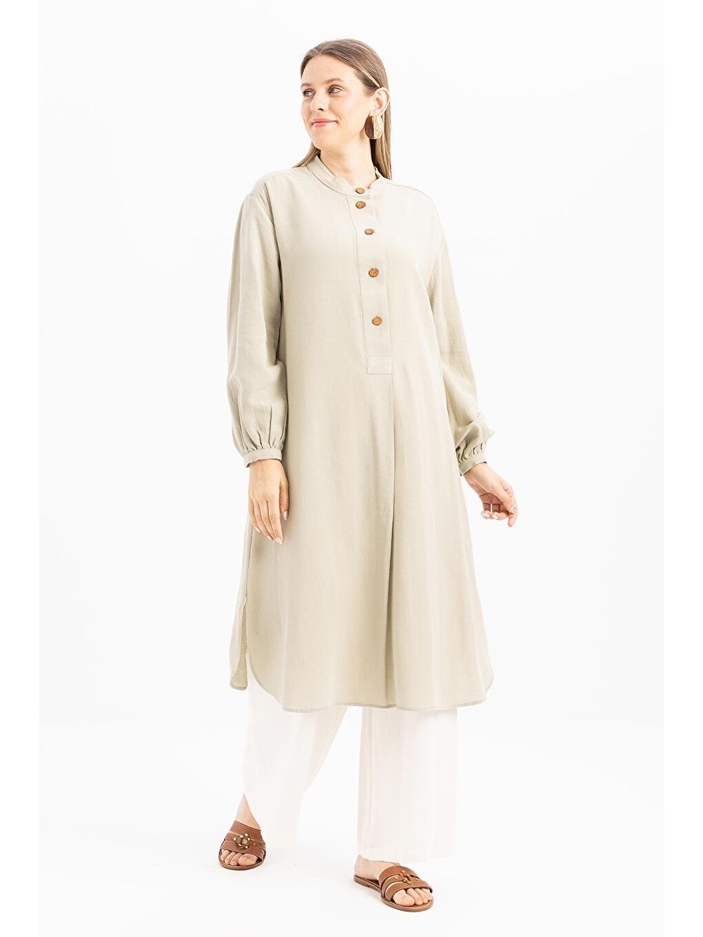 Yeşil Defne-Yarım Patlı Yırtmaçlı Keten Tunik