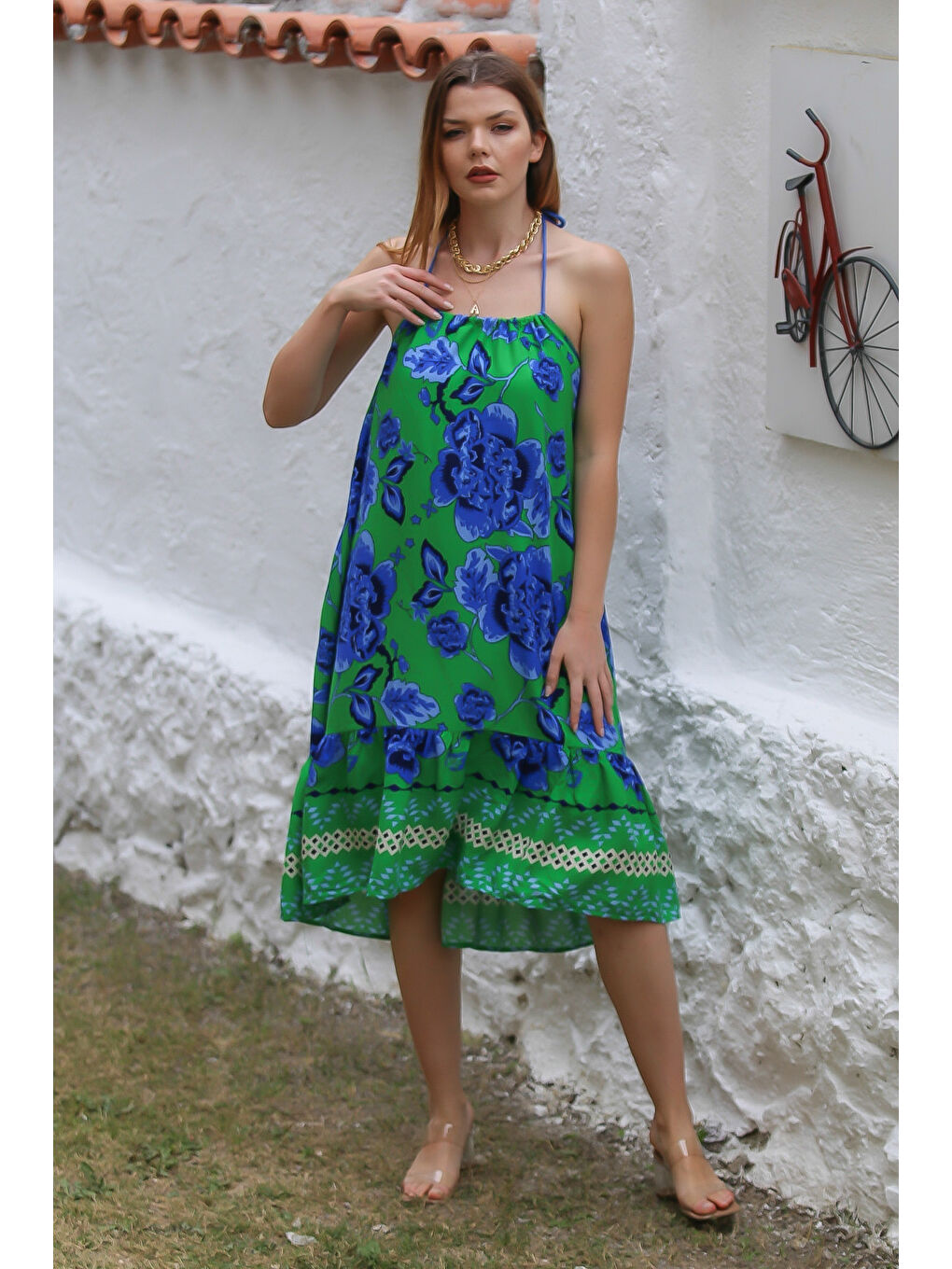 Mavi-Yeşil Boyundan Bağlamalı Etek Ucu Fırfırlı Allover Baskılı Dokuma Casual Elbise-1
