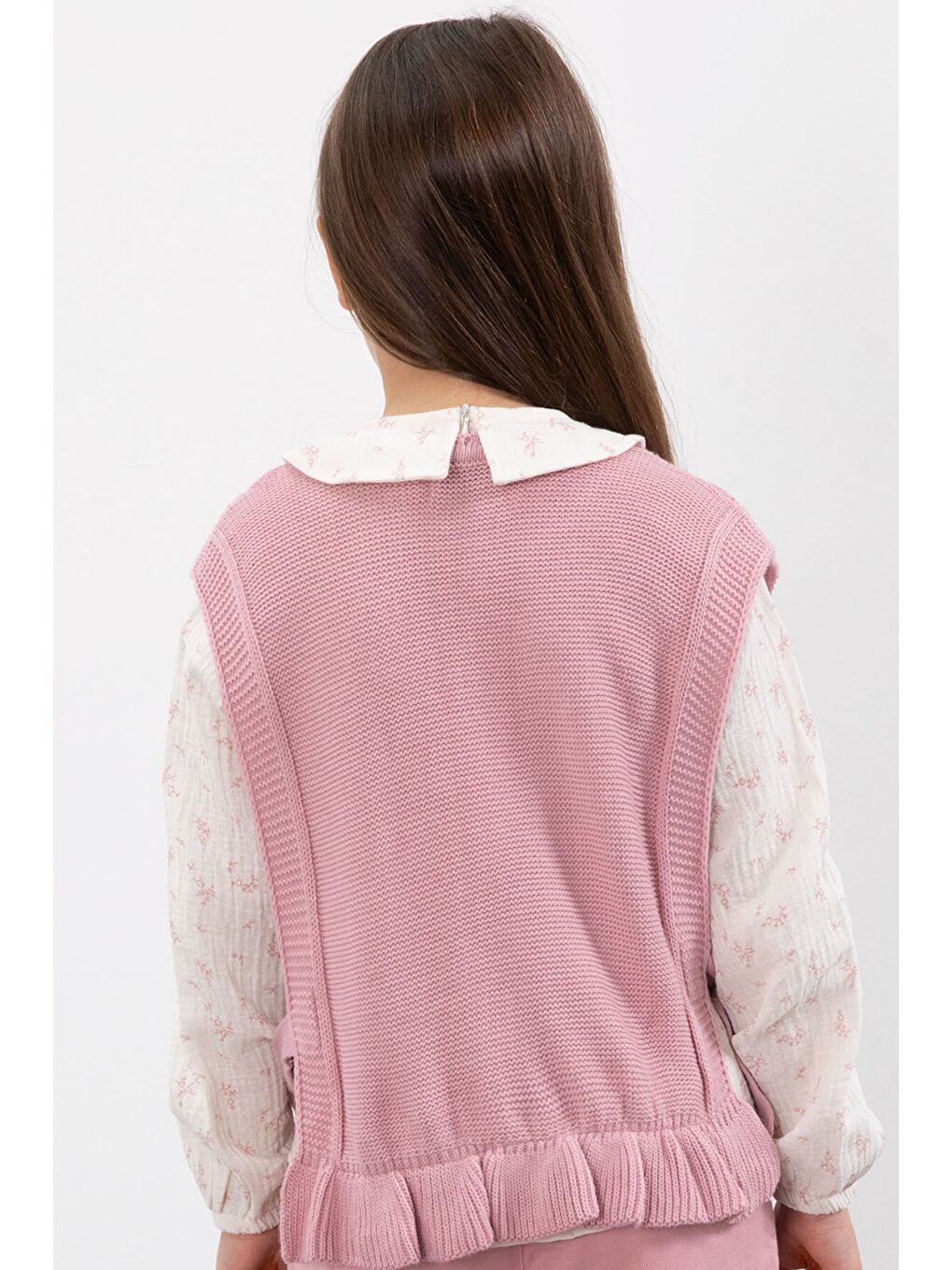 Pembe Örgü Süveterli Desenli Müslin Gömlekli Kız Çocuk 3lü Takım 20678-4