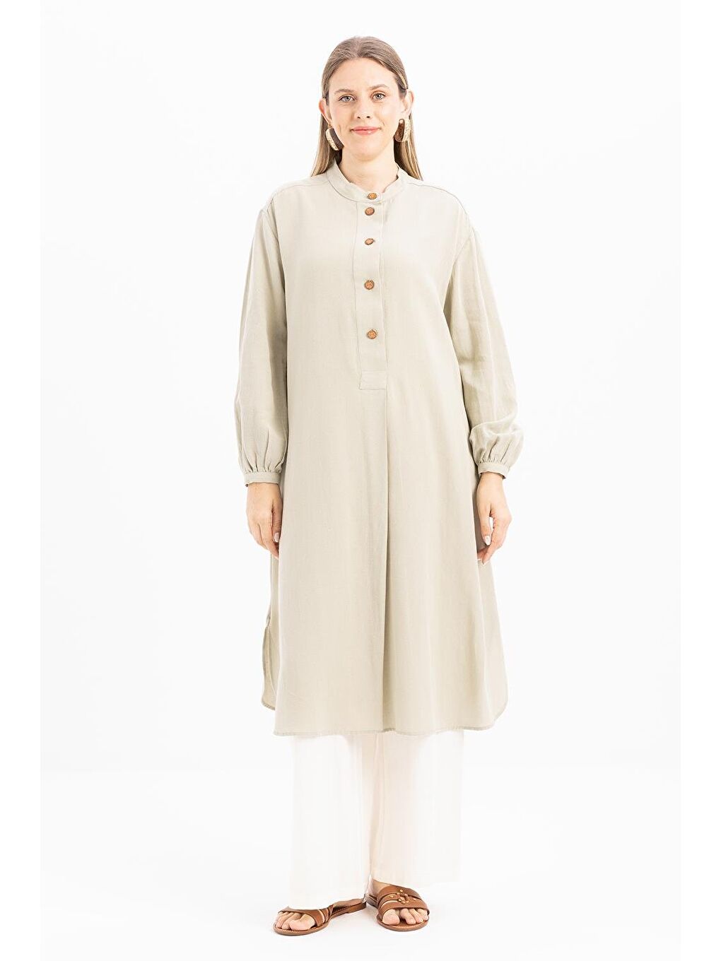 Yeşil Defne-Yarım Patlı Yırtmaçlı Keten Tunik-1